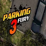 Kaksi autoa pysäköitynä vierekkäin asfaltoidulla pysäköintialueella, jossa etualalla on pensasaita ja vasemmassa yläkulmassa värikäs teksti Parking Fury 3