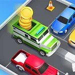 Neljä värikästä autoa pysäköityinä parkkiruutuun, joista yksi on pankkiauto täynnä kolikoita