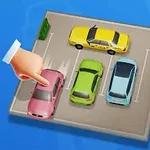 Kolme autoa vierekkäin parkkiruuduissa, ja sormi osoittaa vaaleanpunaista autoa