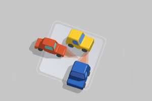 Kolme värikästä autoa (punainen, keltainen ja sininen) sijoitettuna neliön sisälle harmaalla taustalla