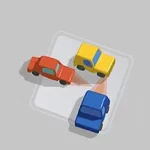 Kolme värikästä autoa (punainen, keltainen ja sininen) sijoitettuna neliön sisälle harmaalla taustalla