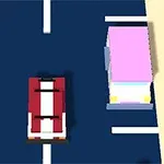 Pikselöity auto ajamassa parkkialueella sinisellä taustalla, vieressä punainen kieltoajomerkki ja vaaleanpunainen auto