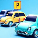 Kolme värikästä piirroshahmoiksi tehtyä autoa pysäköitynä siniselle taustalle, keltaisten P-kylttien edessä
