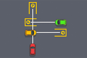 Kolme autoa parkkeeraa keltaisilla viivoilla rajatuilla parkkipaikoilla harmaalla pohjalla