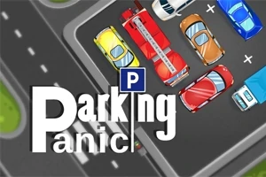 Parkkipaikka, jossa on värikkäitä autoja ahdettuna pysäköintitilaan, ja suuri Parking Panic -teksti näkyy kuvan päällä