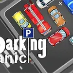 Parkkipaikka, jossa on värikkäitä autoja ahdettuna pysäköintitilaan, ja suuri Parking Panic -teksti näkyy kuvan päällä