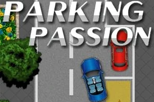 Sinisävyinen auto parkkeerattuna parkkipaikalle, jossa on myös punainen auto, ja taustalla vihreitä puita ja kukkia