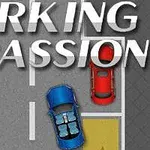 Sinisävyinen auto parkkeerattuna parkkipaikalle, jossa on myös punainen auto, ja taustalla vihreitä puita ja kukkia