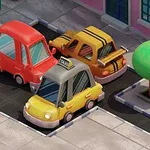 Kolme piirrettyä autoa, joista yksi on taksi, parkkeerattuna kaupungin kadulle jalkakäytävän viereen, johon kuuluu penkki ja puu