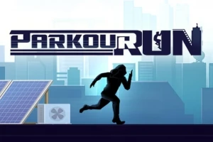 Tummanpukuinen hahmo juoksee katolla kaupunkimaisemassa, otsikossa lukee Parkour Run