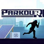 Tummanpukuinen hahmo juoksee katolla kaupunkimaisemassa, otsikossa lukee Parkour Run