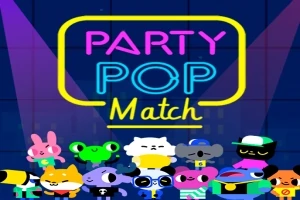 Värikkäitä piirroseläinhahmoja tummansinisellä taustalla neonvaloviidakon alla, jossa lukee Party Pop Match