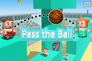 Kaksi kuutiomaista hahmoa seisoo koripallon molemmin puolin värikkäässä ja tasoisessa ympäristössä, jossa on teksti Pass the Ball