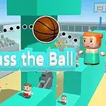 Kaksi kuutiomaista hahmoa seisoo koripallon molemmin puolin värikkäässä ja tasoisessa ympäristössä, jossa on teksti Pass the Ball