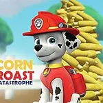 Piirretty dalmatialainen koira punaisessa paloasussa seisoo suuren maissitornin edessä