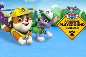 Kaksi piirrettyä pentua rakennusvaatteissa leikkivät sinisellä kentällä leikkipuiston edessä