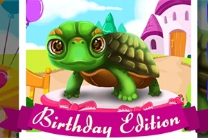 Vihreä kilpikonna vaaleanpunaisella alustalla taustalla satumainen maisema ja teksti Birthday Edition