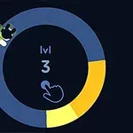 Sinisellä taustalla oleva sininen ja keltainen rinkula, jossa vihreä hahmo suihkuu ympäriinsä ja keskellä on teksti lvl 3 sekä piirros kädestä