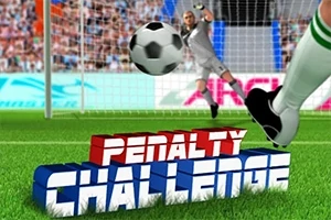 Jalkapallo lentää kohti maalia rangaistuspotkutilanteessa, ja etualalla näkyy teksti Penalty Challenge