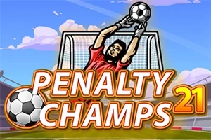 Jalkapallomaalivahti punaisessa paidassa torjumassa palloa maalilla, jossa teksti Penalty Champs 21