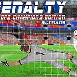 Jalkapalloilija ampuu rangaistuspotkua maalivahdin yrittäessä torjua pallon stadionilla