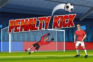 Jalkapallomaalivahti torjumassa palloa maalissa, pelaaja seisoo vieressä punaisessa peliasussa, teksti Penalty Kick yläpuolella