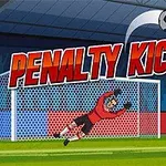 Jalkapallomaalivahti torjumassa palloa maalissa, pelaaja seisoo vieressä punaisessa peliasussa, teksti Penalty Kick yläpuolella