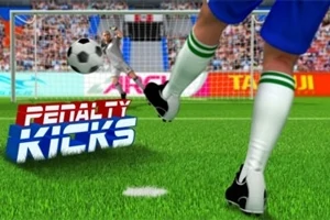 Jalkapallo pelaaja potkaisee palloa kohti maalia, taustalla katsomo ja teksti Penalty Kicks