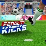 Jalkapallo pelaaja potkaisee palloa kohti maalia, taustalla katsomo ja teksti Penalty Kicks