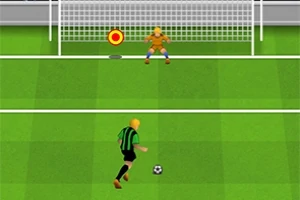 Jalkapalloilija mustavihreässä asussa valmistautuu laukaisemaan pallon kohti maalivahtia, joka seisoo maalissa