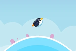 Pingviini liitää sinisellä taivaalla valkoisten pilvien yläpuolella