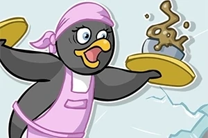 Pingviini vaaleanpunaisessa esiliinassa kantaa tarjottimia, joista toisella on höyryävä kulho