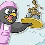 Pingviini vaaleanpunaisessa esiliinassa kantaa tarjottimia, joista toisella on höyryävä kulho