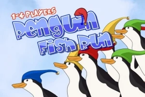 Viisi iloista pingviiniä värikkäissä hatuissa ja tekstiä taustalla