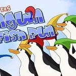 Viisi iloista pingviiniä värikkäissä hatuissa ja tekstiä taustalla