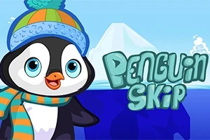 Pingviini talvihatussa ja huivissa iloisen näköisenä jäävuoren edessä tekstin Penguin Skip vieressä