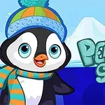 Pingviini talvihatussa ja huivissa iloisen näköisenä jäävuoren edessä tekstin Penguin Skip vieressä