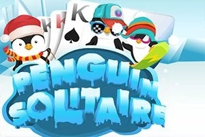 Pingviinit talvivaatteissa pelaavat korttipakkaa taustalla, jossa on jäätynyt teksti Penguin Solitaire