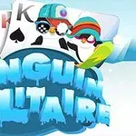 Pingviinit talvivaatteissa pelaavat korttipakkaa taustalla, jossa on jäätynyt teksti Penguin Solitaire