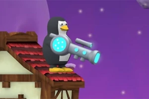 Pingviini seisoo talon katolla pitäen suurta futuristista asetta yötaivasta vasten