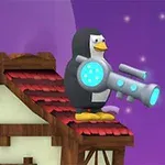 Pingviini seisoo talon katolla pitäen suurta futuristista asetta yötaivasta vasten