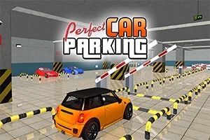 Oranssi auto parkkihallissa, jossa on liikenne-esteitä ja muita autoja, yläpuolella teksti Perfect Car Parking