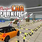 Oranssi auto parkkihallissa, jossa on liikenne-esteitä ja muita autoja, yläpuolella teksti Perfect Car Parking