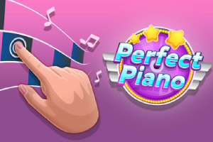 Vaaleanpunainen tausta, jossa Perfect Piano -logo, sydänkuvake ja piirros kädestä joka osoittaa alaspäin