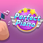 Vaaleanpunainen tausta, jossa Perfect Piano -logo, sydänkuvake ja piirros kädestä joka osoittaa alaspäin