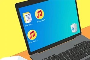 Kannettavan tietokoneen näyttö, jossa on kolme kuvaketta: kaksi musiikkitiedostoa ja yksi tekstitiedosto, sekä roskakori sinisellä taustalla