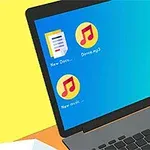 Kannettavan tietokoneen näyttö, jossa on kolme kuvaketta: kaksi musiikkitiedostoa ja yksi tekstitiedosto, sekä roskakori sinisellä taustalla