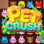 Tekstillä Pet Crush varustettu värikäs taustakuva, jossa on erivärisiä sarjakuvamaisia eläinhahmoja