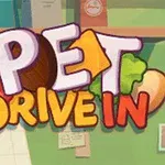 Kirjaimet PET DRIVE IN värikkäässä tyylissä ruokien, kuten hampurilaisen täytteiden ja salaatinlehtien, ympäröimänä