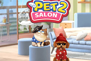 Kuvassa kaksi söpösti pukeutunutta lemmikkiä istuu huoneessa, jossa on sininen nojatuoli ja sohva, ja niiden yläpuolella on Pet Salon 2 -logo